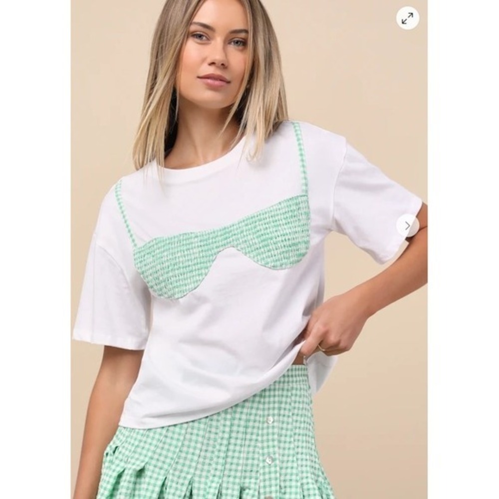 JACQUIE‎ THE LABEL - Natalia White and Green Gingham Bikini Top Tee - Picture 2 of 6